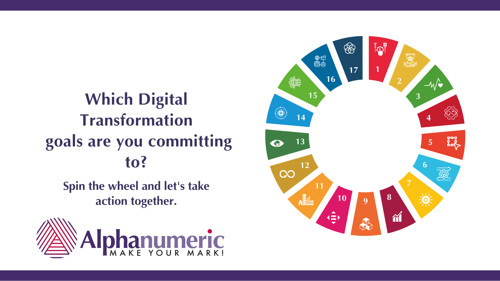 Which Digital Transformation Goals are you committing to? Spin the wheel and let's take action together. Alphanumeric Make Your Mark!